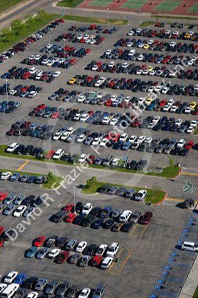 Aerial view of automobiles parked in a parking lot at Eagle High School near Boise, Idaho.
