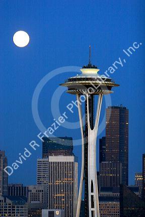 Full moon over the Space Needle in the city of Seattle, Washington.
