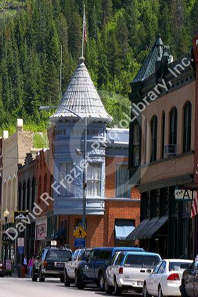 Main street and old brick buildings in the small town of Wallace, Idaho.