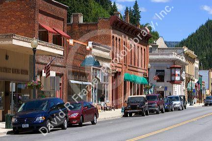 Main street and old brick buildings in the small town of Wallace, Idaho.
