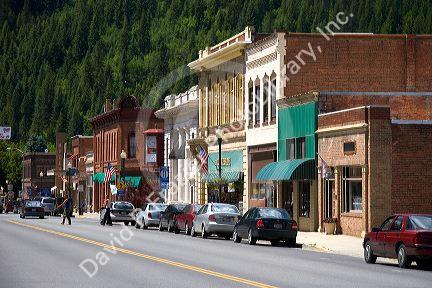 Main street and old brick buildings in the small town of Wallace, Idaho.