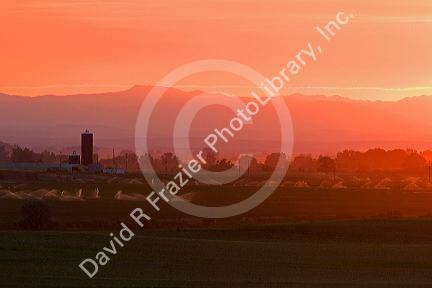 Sunset on farmland irrigation near Grandview, Idaho.