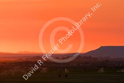 Sunset on farmland irrigation near Grandview, Idaho.