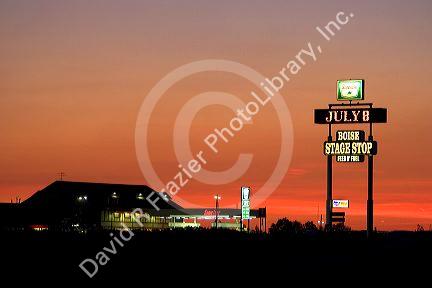 Boise Stage Stop truck stop at sunset east of Boise along Interstate 84, Idaho.
