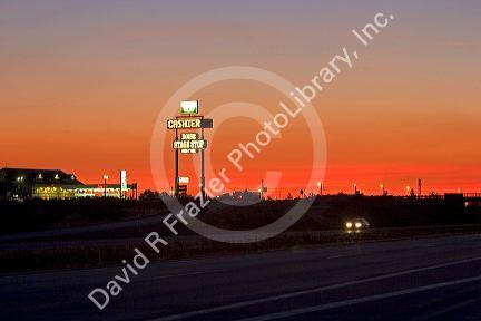 Boise Stage Stop truck stop at sunset along interstate 84 east of Boise, Idaho.