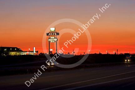 Boise Stage Stop truck stop at sunset along Interstate 84 east of Boise, Idaho.