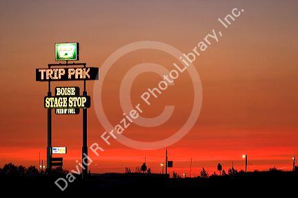 Boise Stage Stop truck stop at sunset along Interstate 84 east of Boise, Idaho.