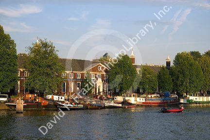 Boating on the Amstel River in Amsterdam, Netherlands.