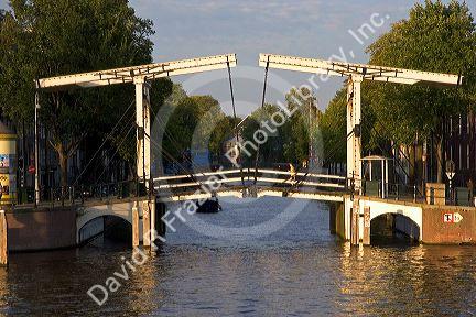 Drawbridge along the Amstel River in Amsterdam, Netherlands.