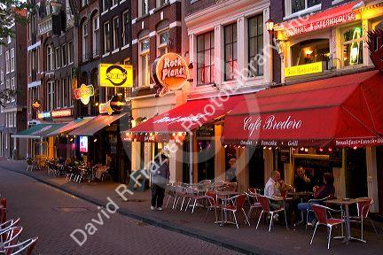 Exterior fronts of restaurants and cafes in Amsterdam, Netherlands.