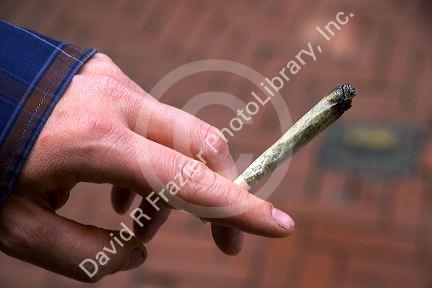 Hand holding a marijuana cigarette in Amsterdam, Netherlands.