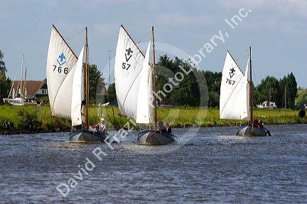 Sailboats travel on a canal east of Leiden in the province of South Holland, Netherlands.