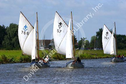 Sailboats travel on a canal east of Leiden in the province of South Holland, Netherlands.