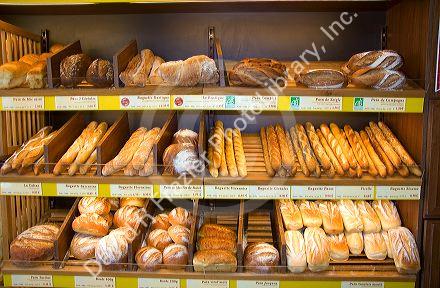 A display of fresh bread at a bakery in Calais in the department of Pas-de-Calais, France.