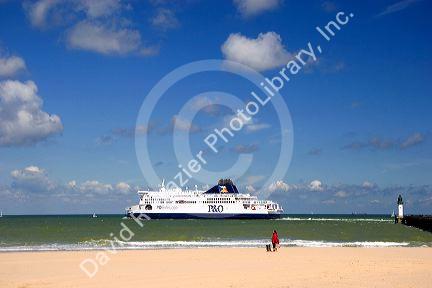 Ferry boat in the Strait of Dover in the English Channel at Calais in the department of Pas-de-Calais, France.