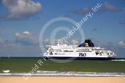 Ferry boat in the Strait of Dover in the English Channel at Calais in the department of Pas-de-Calais, France.
