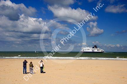 Ferry boat in the Strait of Dover in the English Channel at Calais in the department of Pas-de-Calais, France.