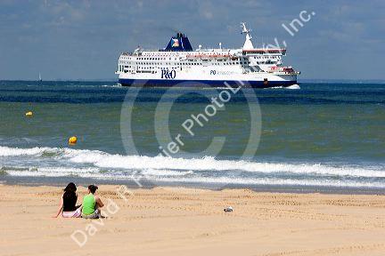 Ferry boat at the Strait of Dover in the English Channel at Calais in the department of Pas-de-Calais, France.