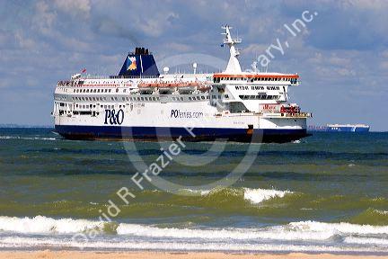 Ferry boat in the Strait of Dover in the English Channel at Calais in the department of Pas-de-Calais, France.