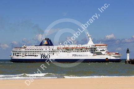 Ferry boat in the Strait of Dover in the English Channel approaches the port of  Calais in the department of Pas-de-Calais, France.