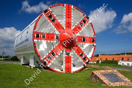 A large boring machine used to cut the tunnel for the Chunnel is now a monument to the men who died building it at Calais in the the department of Pas-de-Calais, France.