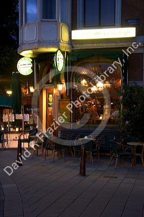 A cafe at dusk in Amsterdam, Netherlands.