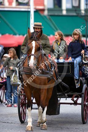 Children ride in a horse drawn carriage in Big Market Square at Bruges in the province of West Flanders, Belgium.