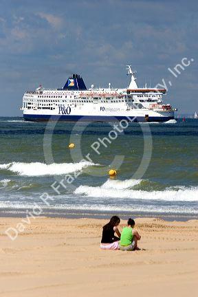 Ferry boat in the Strait of Dover in the English Channel at Calais in the department of Pas-de-Calais, France.