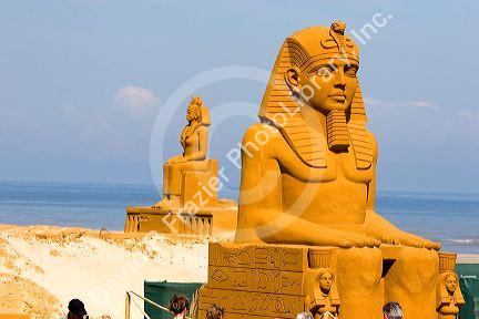 Sand sculptures on the beach at Le Touquet-Paris-Plage in the department of Pas-de-Calais, France.