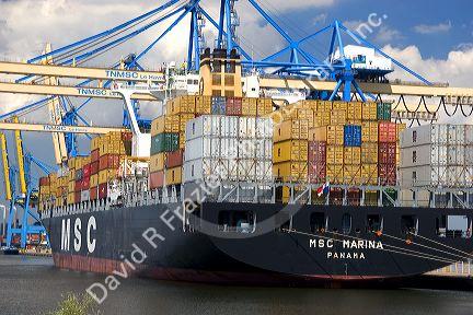 Container ship docked at Le Havre in the department of Seine-Maritime, Normandy, France.
