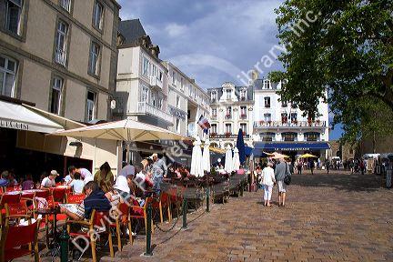 Sidewalk cafes in the walled port city of Saint-Malo in Brittany, northwestern France.