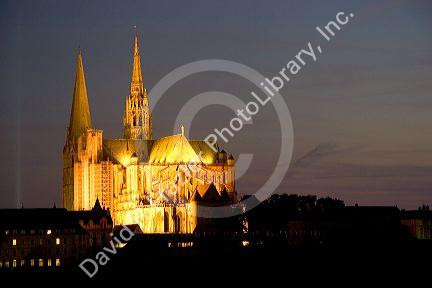 The Cathedral of Our Lady of Chartres at night in Chartres in the region of Centre, France.