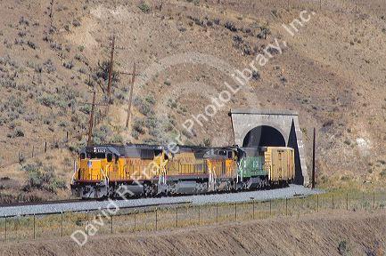 A train coming out of a tunnel in Oregon.