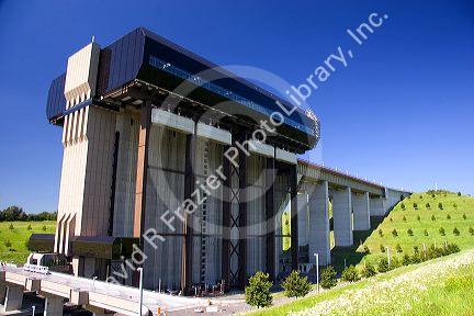 A side view of the Strepy-Thieu boat lift on a branch of the Canal du Centre near the town of La Louviere in the province of Hainaut, Belgium.