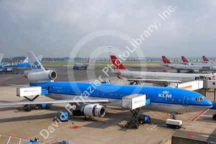 Airplanes at the Schiphol Airport in Amsterdam, Netherlands.