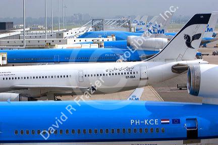Airplanes at the Schiphol Airport in Amsterdam, Netherlands.