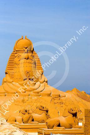 Sand sculptures on the beach at Le Touquet-Paris-Plage in the department of Pas-de-Calais, France.