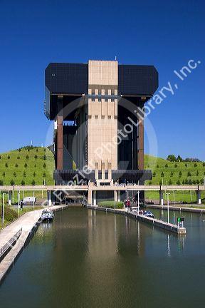 A view of the Strepy-Thieu boat lift on a branch of the Canal du Centre near the town of La Louviere in the province of Hainaut, Belgium.