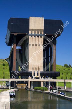 A view of the Strepy-Thieu boat lift on a branch of the Canal du Centre near the town of La Louviere in the province of Hainaut, Belgium.