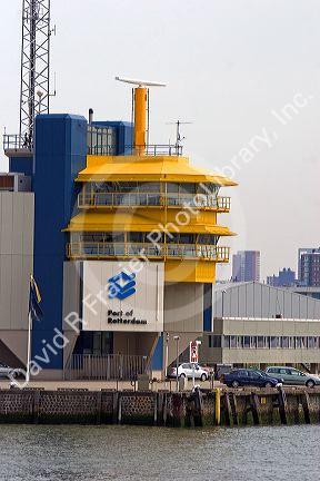 Harbor master control tower at the Port of Rotterdam, Netherlands.