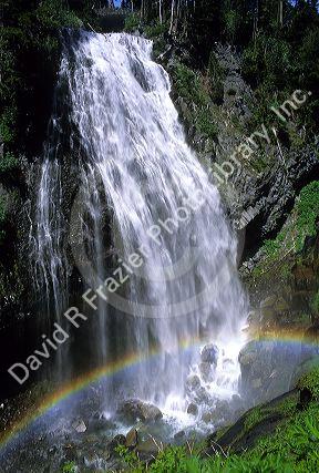 Waterfall and rainbow at Mount Rainier, Washington.