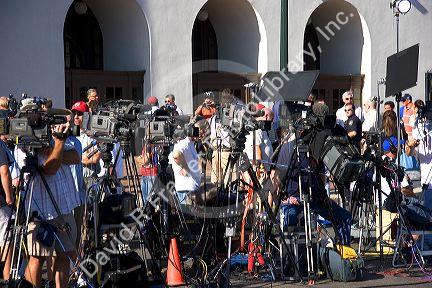 Media crews await a press conference for Idaho Senator Larry Craig in Boise, Idaho.