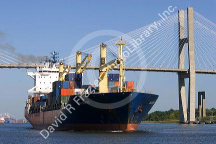 Container ship passes under the Talmadge Memorial Bridge on the Savannah River at Savannah, Georgia.