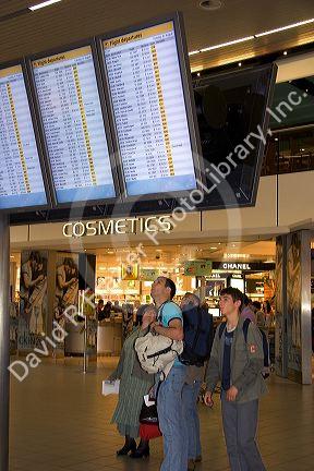 Interior of the Schiphol Airport terminal in Amsterdam, Netherlands.