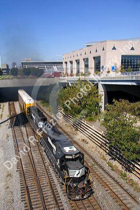 A train travels through downtown Atlanta, Georgia.