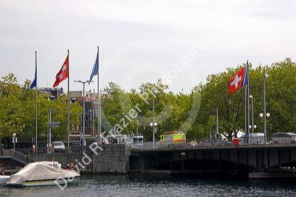 Quabrucke Bridge in Zurich, Switzerland.switzerland, swiss, europe, european, travel, tourism, swiss alps, alps, alpine, zurich, river, boats, swiss flag, quabrucke bridge, limmat river