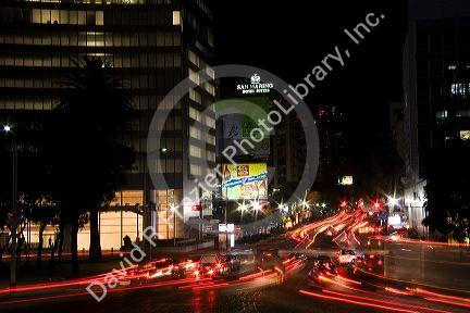 Nighttime traffic and city lights in Mexico City, Mexico.