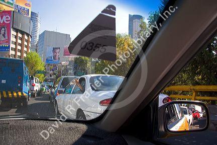 A view of traffic from the interior of a taxi in Mexico City, Mexico.