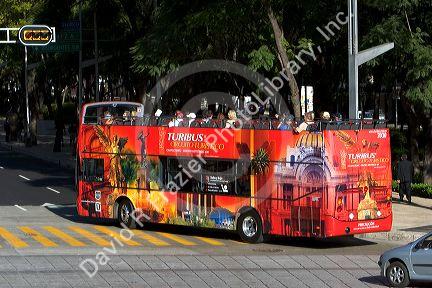 Double decker Turibus on the Paseo de la Reforma in Mexico City, Mexico.