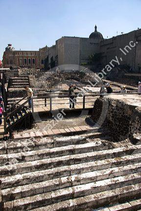 The ruins of the Great Pyramid, Templo Mayor, in Mexico City, Mexico.  Also known as the Plaza of Three Cultures.